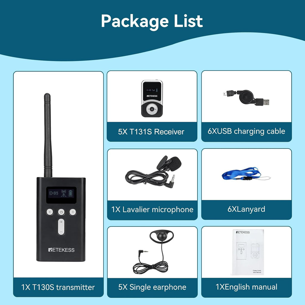 Retekess T130S T131S(2nd Gen T130) Audio Tour Guide System,Church Translation System, Hi-Fi Sound, 100m, D-Shaped Headphones for Both Ear, Tour Guide Headsets for School