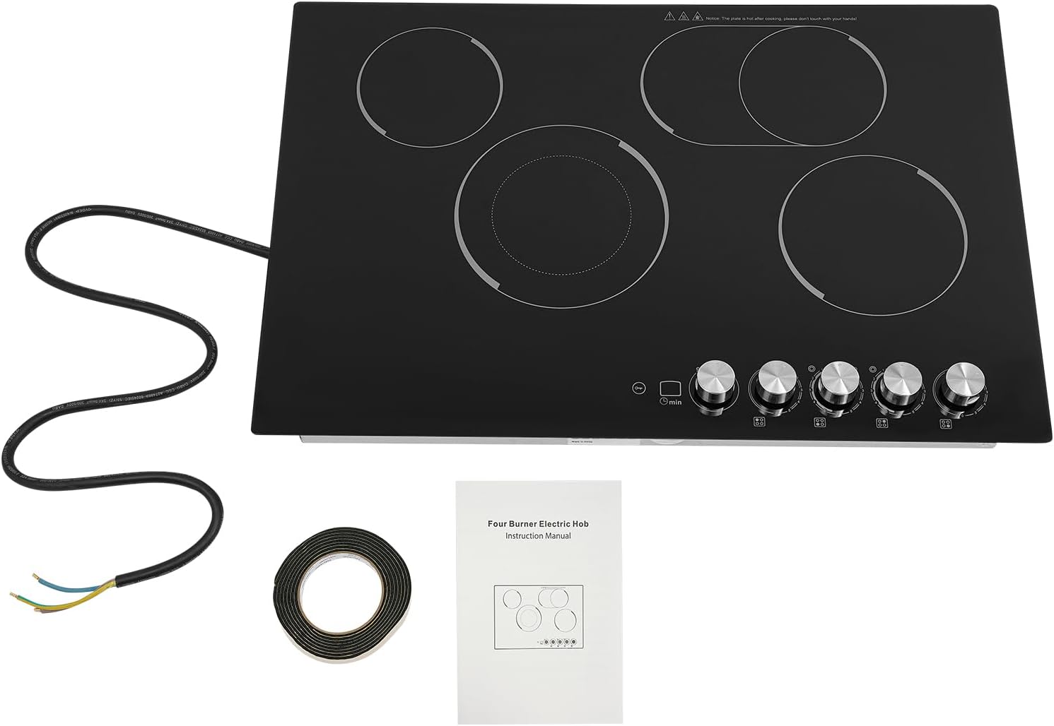 30'' Electric Cooktop with 4 Burners, 1200W Electric Stove with Adjustable Timer&Safe Lock, Top Built-In Cooktop with 5 Heating Level, Lockable Knob Control, No Plug, 110V