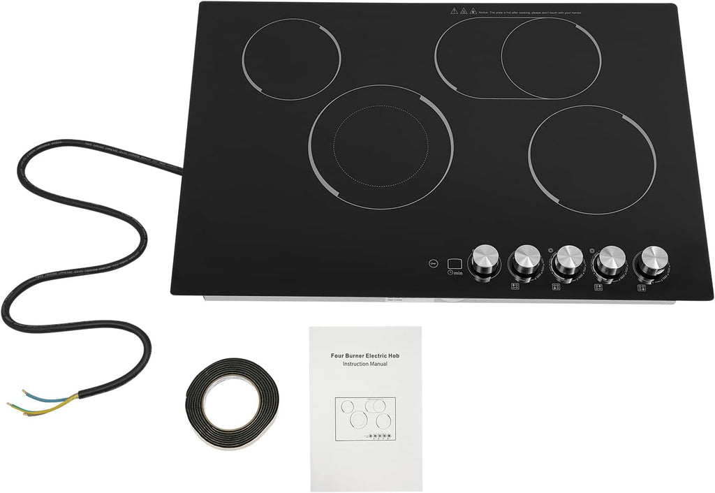 Electric Cooktop 24 Inch, 3700W Drop-in 4 Burner Electric Stovetop in Black with 5 Power Levels, 0-99 Minute Timer, Child Safety Lock, 110V - 23.62x20.08x3.94in(No Plug)