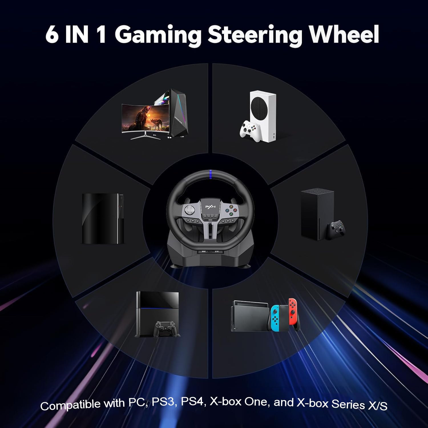 PXN V9 GEN2 Gaming Steering Wheel for PC, Xbox & PS4-270°/900° USB Sim Racing Wheel with Hall 3-Pedal Set, H-Pattern Shifter, Dual Paddles, Vibration Feedback, Pedal-Responsive RGB & App Support