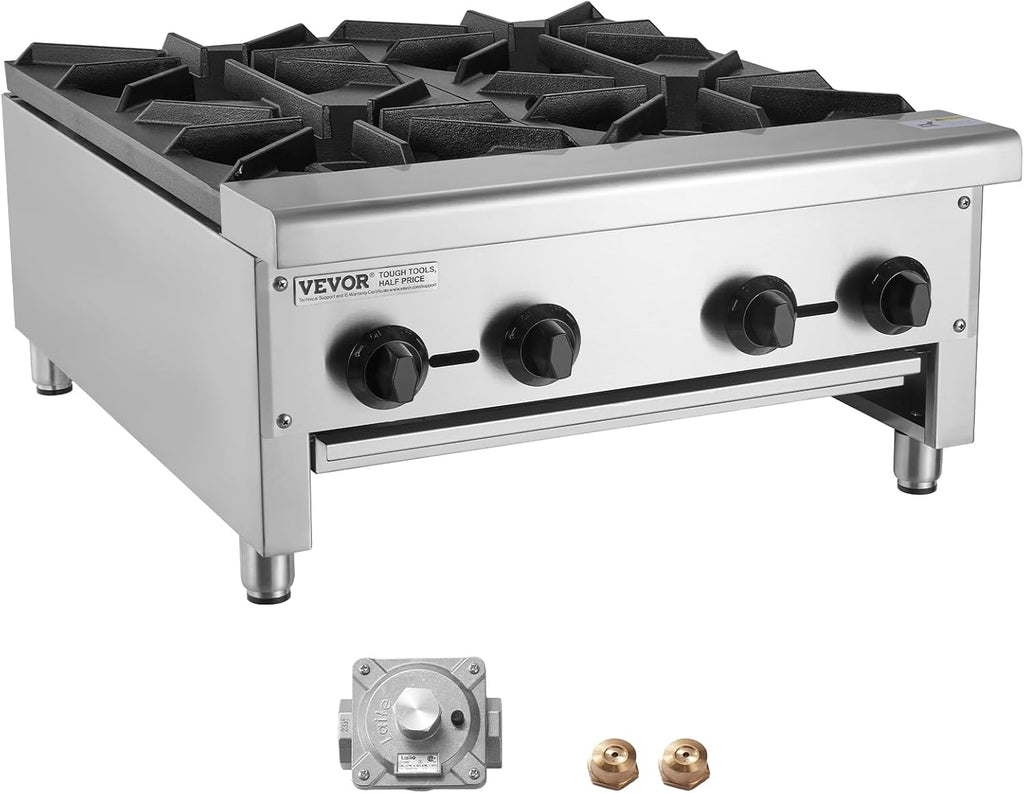 VEVOR Commercial Gas Stove with 4 Burners, Propane and Natural Gas Countertop Cooking Stove Range, Stainless Steel Gas Hot Plate, Commercial Cooking Equipment for Restaurant, 112,000 BTU