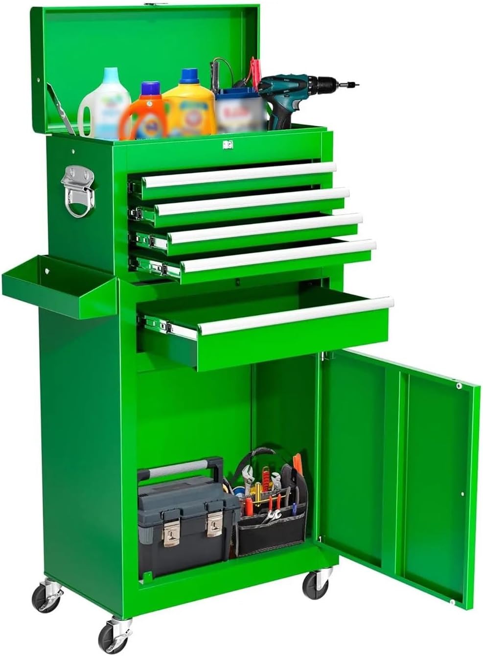 Multifunctional Portable Rolling Tool Chest with Detachable Top Box and Lockable Wheels | Heavy Duty Tool Cabinet with Drawer Liners, for Garage, Warehouse & Repair Shop for Garage(Green)