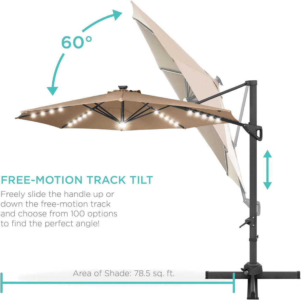 Best Choice Products 10ft Solar LED Cantilever Patio Umbrella, 360-Degree Rotation Hanging Offset Market Outdoor Sun Shade for Backyard, Deck, Poolside w/Lights, Easy Tilt, Cross Base - Tan