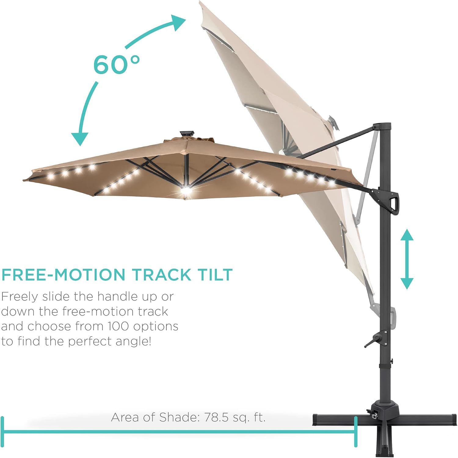 Best Choice Products 10ft Solar LED Cantilever Patio Umbrella, 360-Degree Rotation Hanging Offset Market Outdoor Sun Shade for Backyard, Deck, Poolside w/Lights, Easy Tilt, Cross Base - Tan