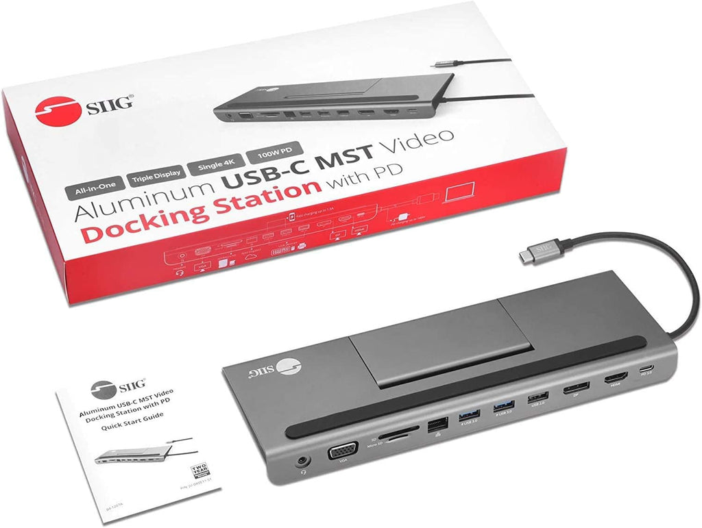 SIIG USB C MST Triple Monitor Docking Station for Windows Thunderbolt 3 Compatible [Single 4k, Dual 1080p, Triple 720p] 100W PD - HDMI/VGA/DP, Gigabit Ethernet, SD/TF, USB 3.0 and Audio JU-DK0E11-S1