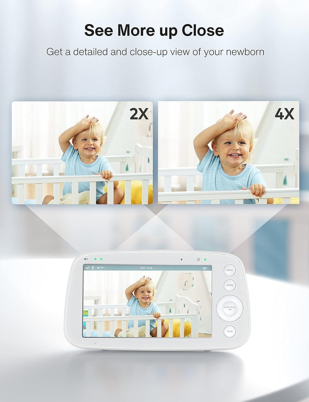 HiPP Video Baby Monitor Screen, 5' Parent Unit for VAVA, Single Split-Screen, Infrared Night Vision, 2X 4X Zoom, 900ft Long Range, 4500mAh Battery, 2-Way Audio Talk