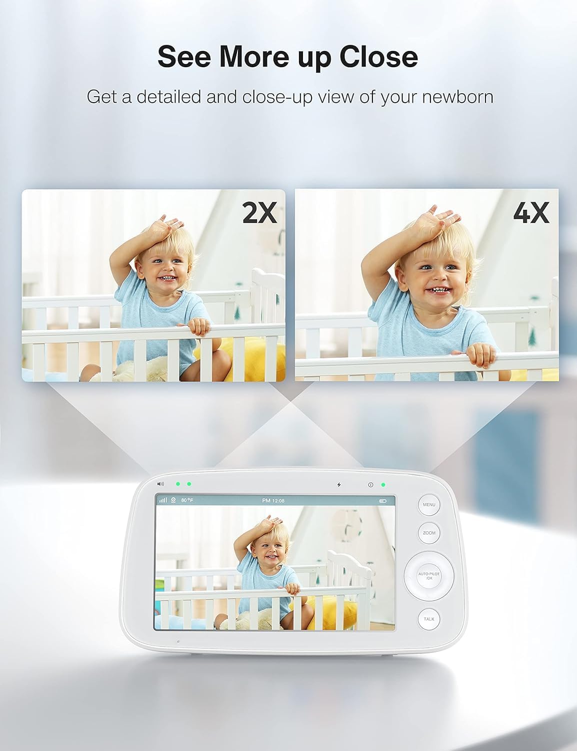 HiPP Video Baby Monitor Screen, 5' Parent Unit for VAVA, Single Split-Screen, Infrared Night Vision, 2X 4X Zoom, 900ft Long Range, 4500mAh Battery, 2-Way Audio Talk