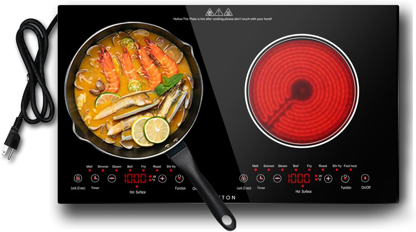 Noxton 2 Burners Electric Cooktop, 24' Built-in & Countertop Stove, Two Burner Ceramic Cooktop with Child Safety Lock, Timer, Touch Sensor Control, Portable 110V Plug-in Cooktop