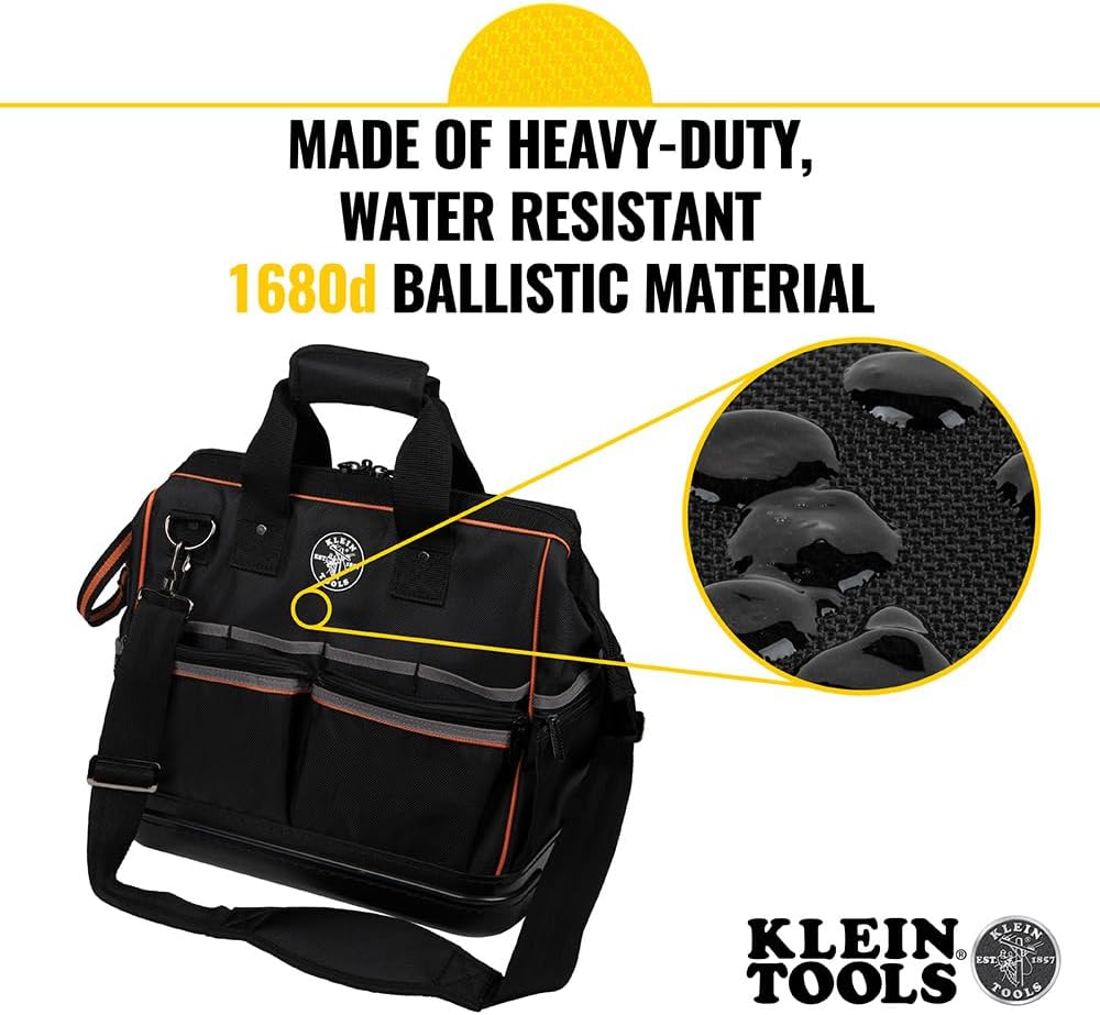 Klein Tools 55431 Tool Bag with Molded Bottom, Padded Shoulder Strap and Lighted Tool Storage with 31 Pockets