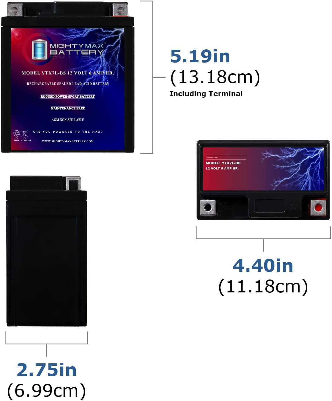 Mighty Max Battery YTX7L-BS 12V 6AH Sealed AGM Battery for Motorcycle - 6 Pack
