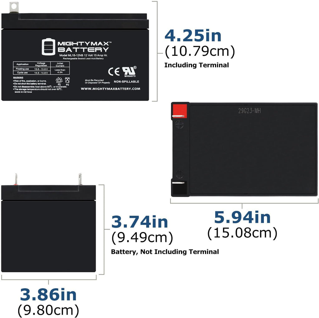 Mighty Max Battery ML15-12NB - 12 Volt 15 AH, NB Terminal, Rechargeable SLA AGM Battery - 6 Pack