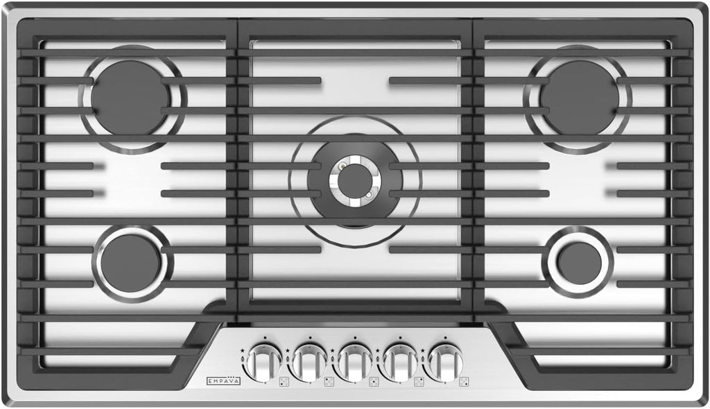 Empava 36 Inch Built-in Gas Cooktop with 5 Sealed SABAF Burners, Stainless Steel Surface, Ion Ignition, LPG/NG Convertible, Flame Failure Protection, Dishwasher Safe Grates