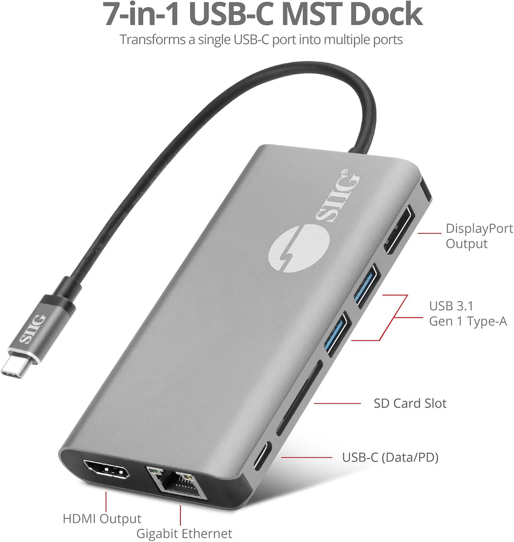 SIIG USB-C MST Hub with 4K@30Hz HDMI or DisplayPort, 1080p Dual Display, 100W Power Delivery Charging, 1 Gbps Ethernet, USB-C and 2X USB 3.1 Gen1 Type-A Data Ports, SD Card Slot (JU-DK0F11-S1)