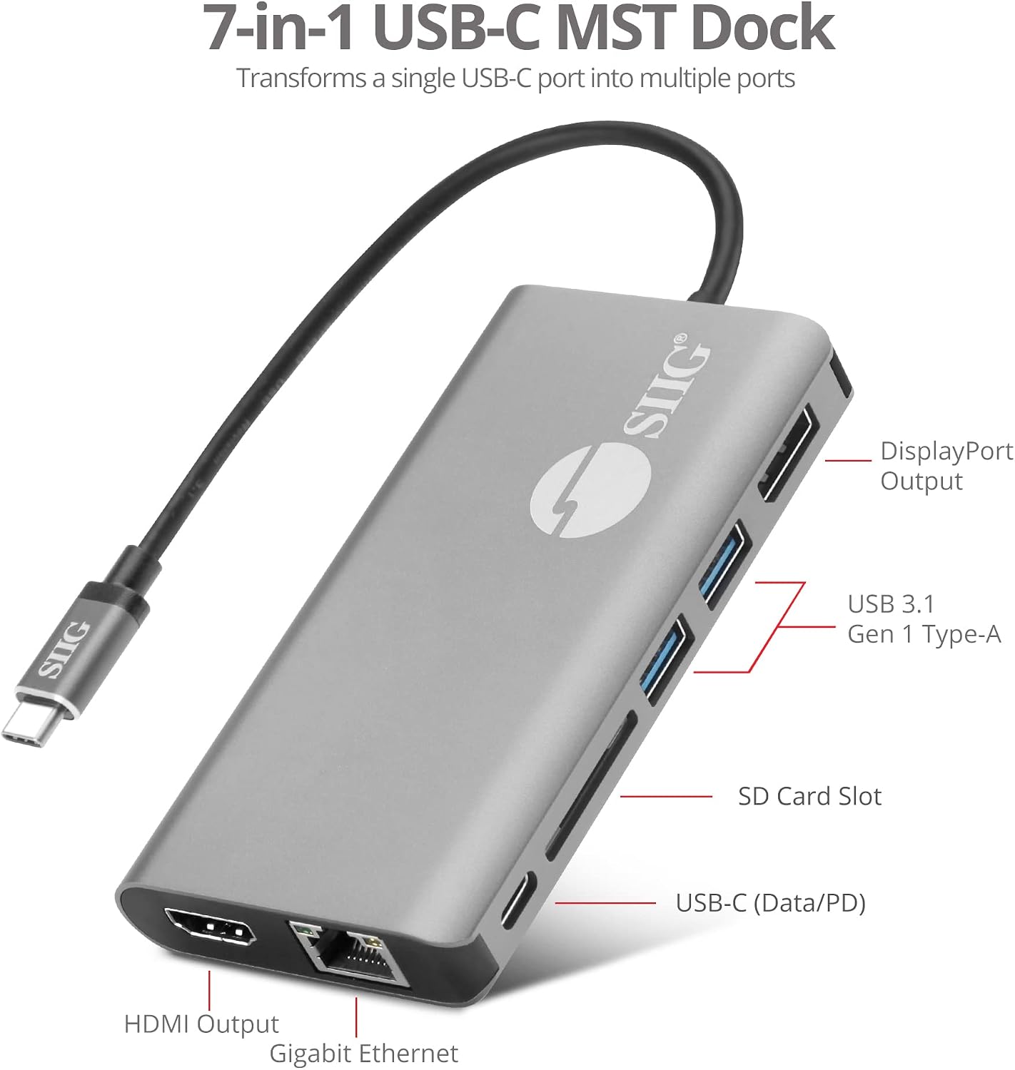 SIIG USB-C MST Hub with 4K@30Hz HDMI or DisplayPort, 1080p Dual Display, 100W Power Delivery Charging, 1 Gbps Ethernet, USB-C and 2X USB 3.1 Gen1 Type-A Data Ports, SD Card Slot (JU-DK0F11-S1)