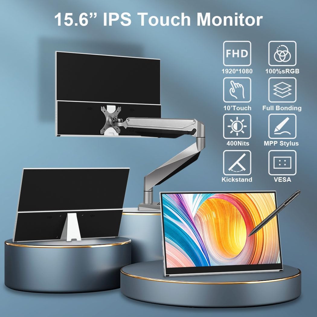 Portable Monitor Touchscreen, 15.6 Inch 1080P External Monitor with MPP Stylus Included, IPS, FHD, 100% sRGB, 400 Nits, Built-in Stand, USB-C/HDMI/Mini DP for Laptop, PC, Mac, Surface, Console