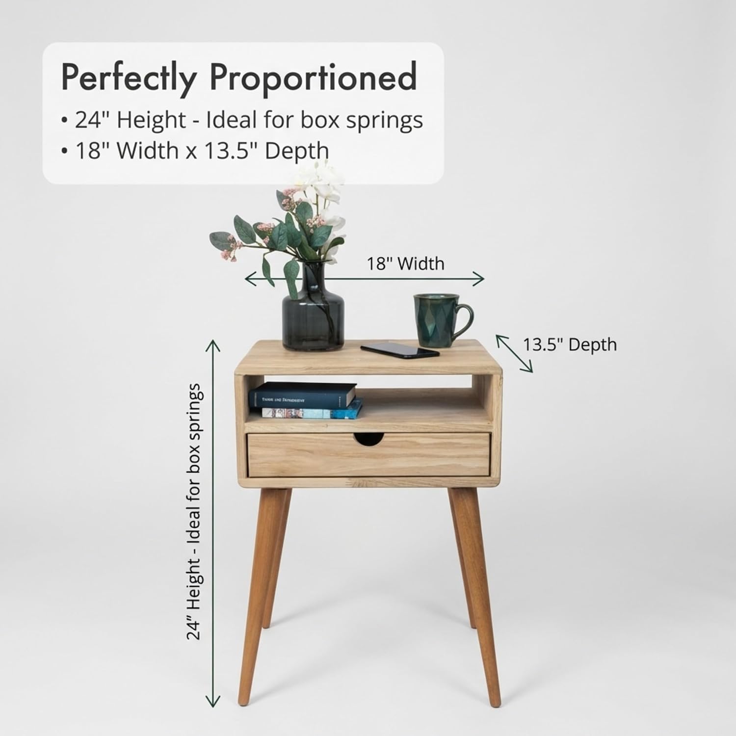 Ultimate Premium Products Mid Century Nightstand with Drawer Solid Oak Bedside Table with Shelf Nightstand Organizer Unique Style Handmade Bedroom Furniture - Oak