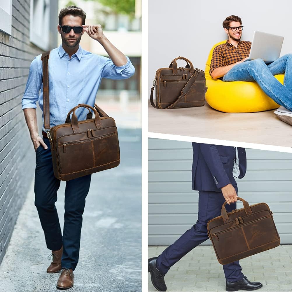 Jack&Chris Full Grain Leather Briefcase for Men, Business Messenger Bag Laptop Bag Attache Case, Fits 15.6 Inch Laptop