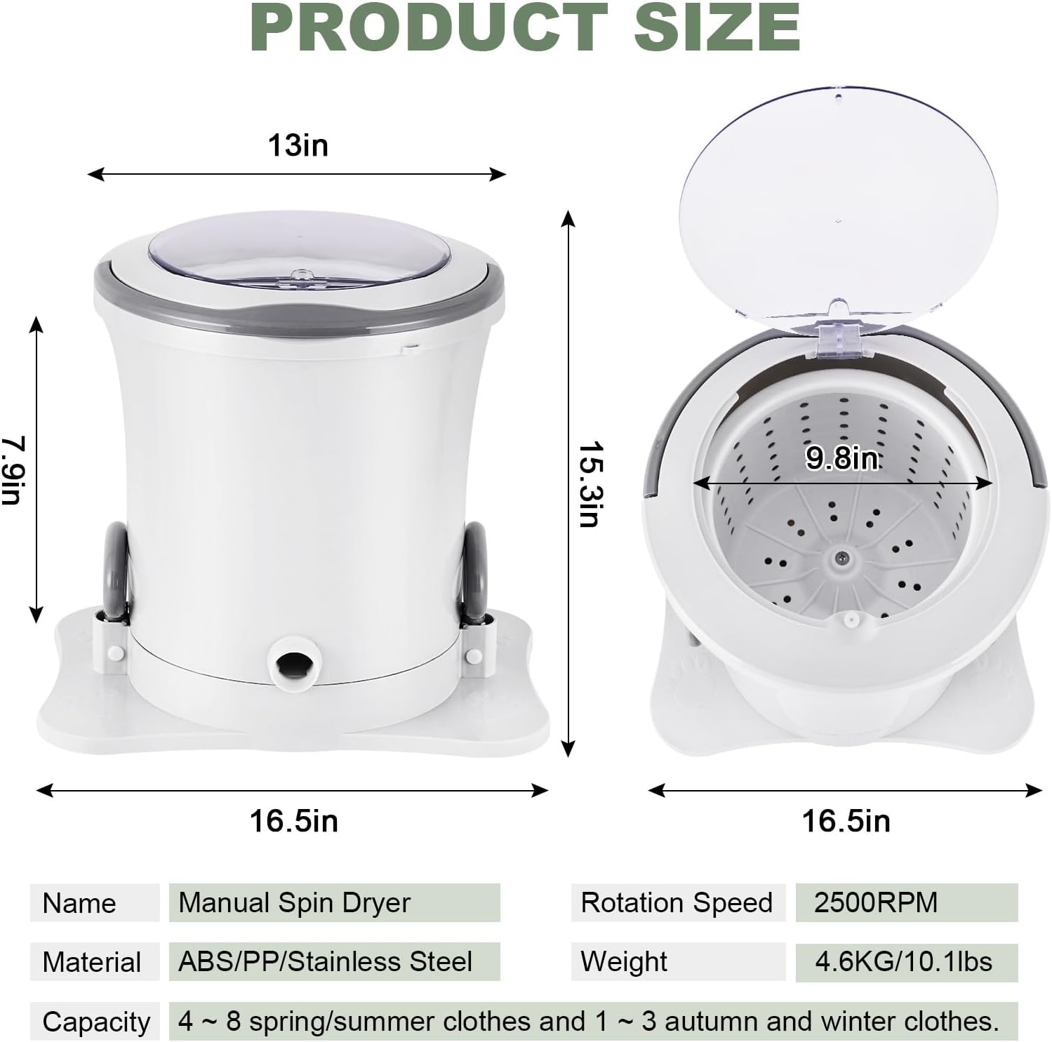 Manual Clothes Dryer Portable Mini Dryer Compact Spinner Non Electric Laundry Washing Machine for RV, Camping, School, Apartment, Dorm