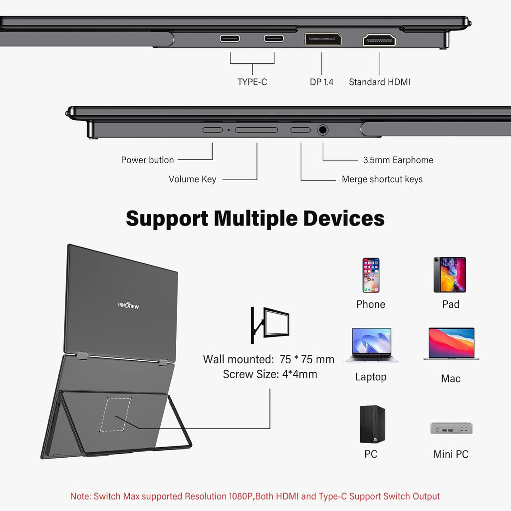 InnoView Portable Dual Monitor 15.6' 3840x2160P 4K 100% sRGB | Owl Eye Vision - Foldable Design with 315° Screen Adjustment, 180° Stand | DP/USB-C/HDMI, Dual Screen Extender for Laptop, Mac, Windows