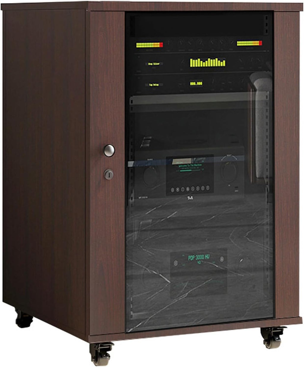 2/3 Tier AV Stereo Cabinet Movable,Wood Audio Video Media Rack Stand with Glass Door,Built-in Silent Exhaust Fan,Adjustable Shelves,DVD Component Shelf for Home(Walnut,Large)