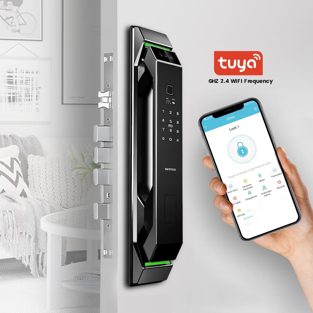 Smart Door Lock with Camera: 3D Face Recognition, Palm Vein, Video Intercom with 1080p HD Camera, Motion Detection, Keyless Entry, Fingerprint, Passcode, IC Card, Doorbell, Tuya App, Supports Alexa