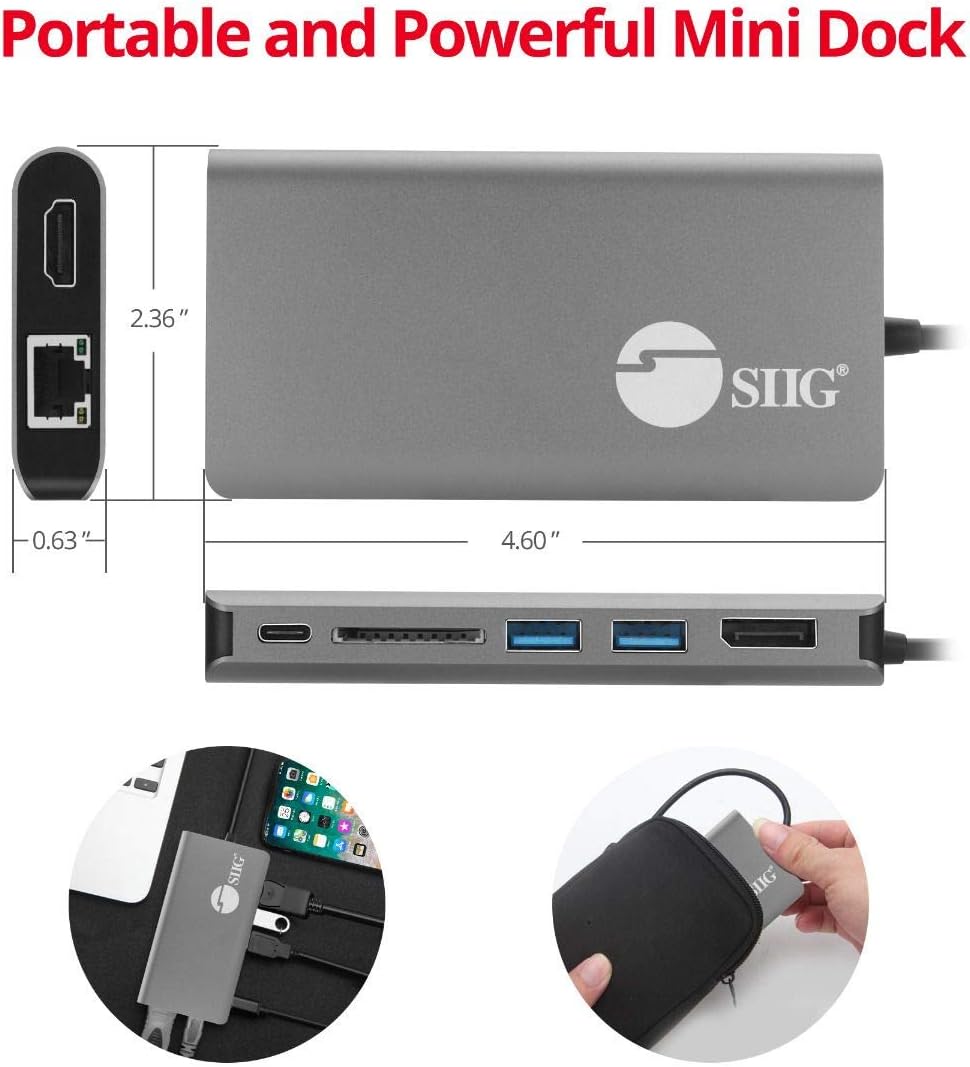 SIIG USB-C MST Hub with 4K@30Hz HDMI or DisplayPort, 1080p Dual Display, 100W Power Delivery Charging, 1 Gbps Ethernet, USB-C and 2X USB 3.1 Gen1 Type-A Data Ports, SD Card Slot (JU-DK0F11-S1)