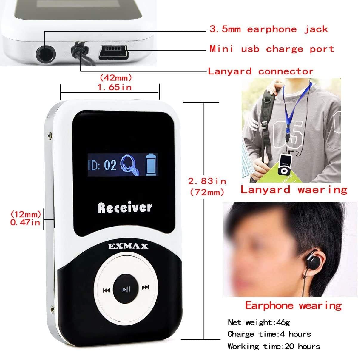 EXMAX Wireless Tour Guide System Whisper Voice Audio Transmission ATG-100T 195MHz for Silent Meeting Court Church Translation Command Training (2 Transmitters & 20 Receivers +Aluminium Charge Case)