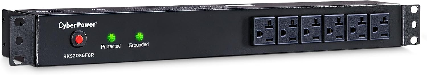 CyberPower RKBS20S6F8R Rackbar Surge Protector, 20A 120V, 14 NEMA 5-20R Outlets (6 Front, 8 Rear), 1U Rackmount, NEMA 5-20P Plug, 15 ft Cord, 1800J Surge Protection, EMI/RFI Filter, Metal Housing