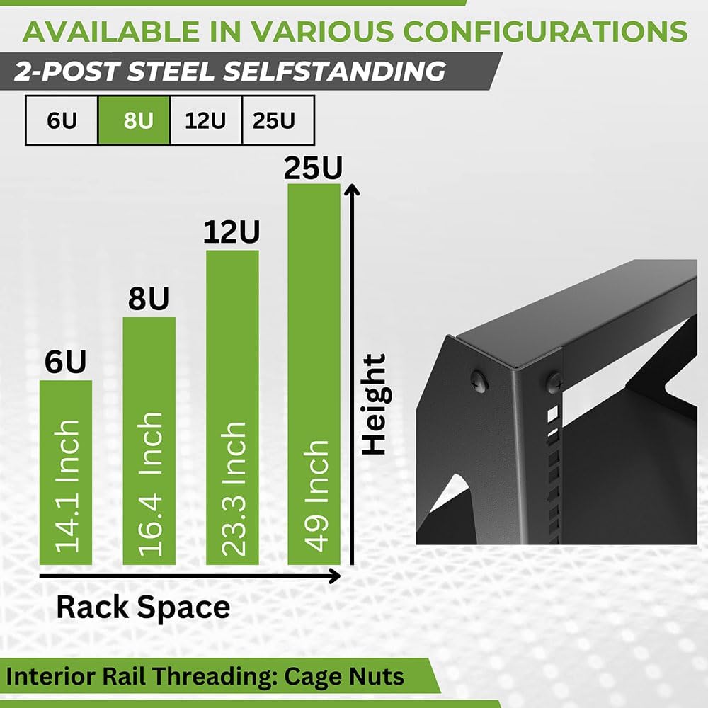 NavePoint 8U 2 Post Server Rack for 19 Inch Equipment, Freestanding Desktop Rack for AV, Networking, Data & IT Devices, Heavy Duty 2-Post Rack 8U 330lbs Weight Capacity, Black