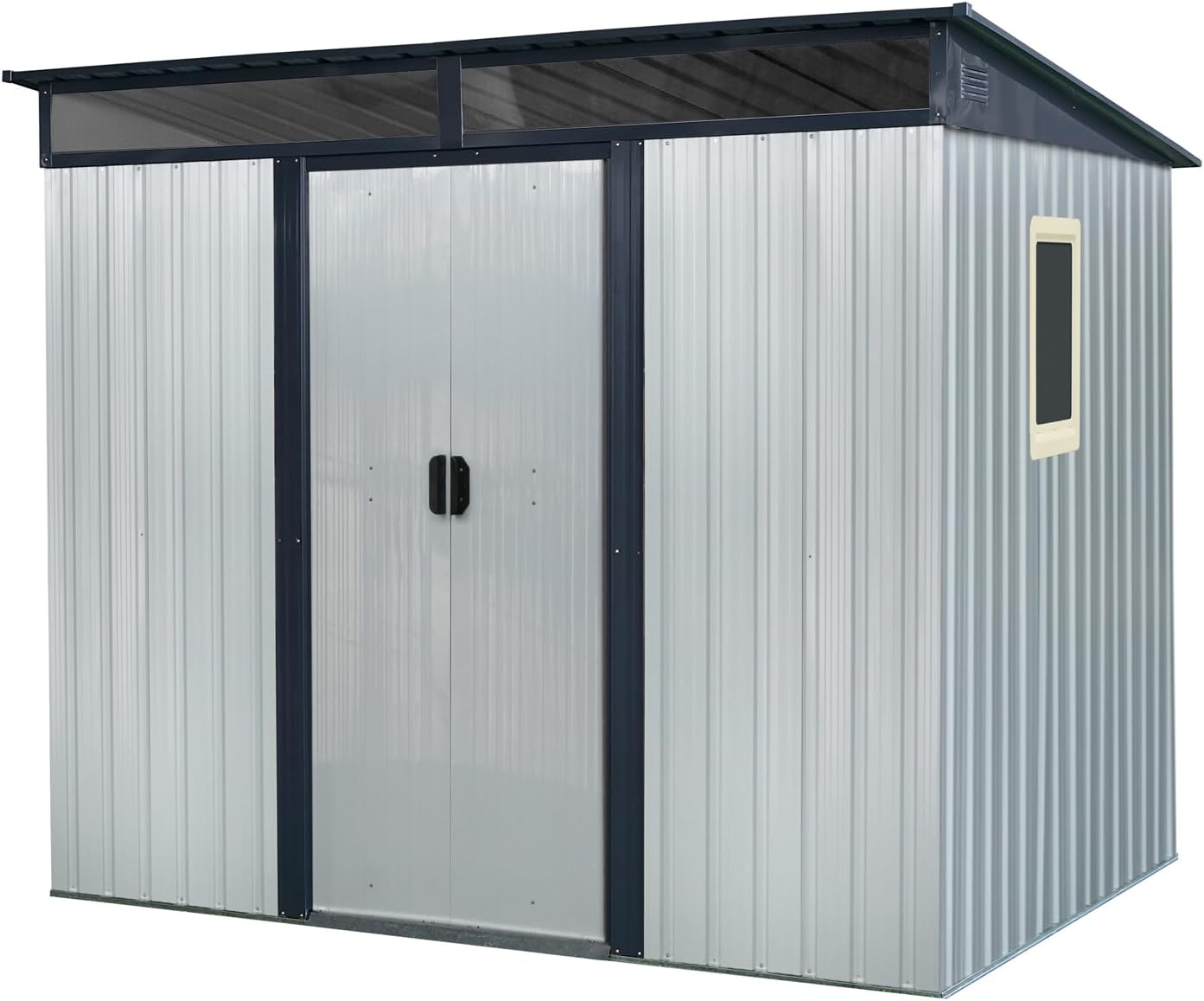 6x8 FT Outdoor Storage Shed, Metal Garden Shed with Frame Floor, Outside Tool Shed with Window, Waterproof Storage Building with Lockable Doors & Sloped Roof for Backyard, Patio, Lawn, White+Black