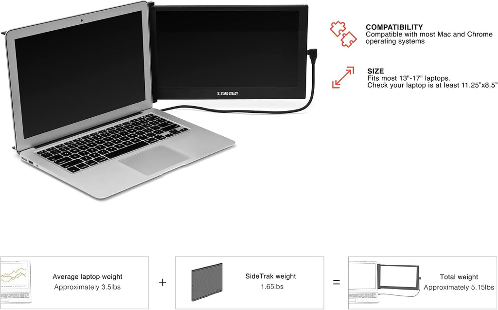 SideTrak Slide Portable Monitor for Laptop 12.5' FHD 1080P IPS Attachable Laptop Screen | Efficient USB Power | Compatible with Mac & Chrome 13' -17' Laptops (Patent Pending) | Black
