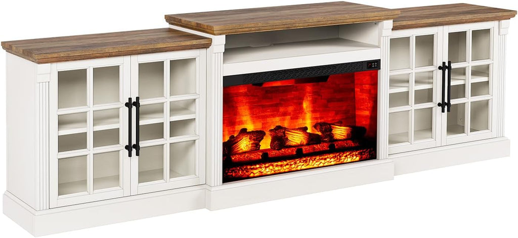 LUXOAK 97' Farmhouse TV Stand with 33' Fireplace for TVs up to 100', Media Entertainment Center with Large Storage Cabinet Adjustable Shelves for Living Room, White/Barnwood