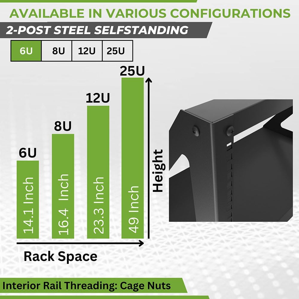 NavePoint 6U 2 Post Server Rack for 19 Inch Equipment, Freestanding Desktop Rack for AV, Networking, Data & IT Devices, Heavy Duty 2-Post Rack 6U 330lbs Weight Capacity, Black