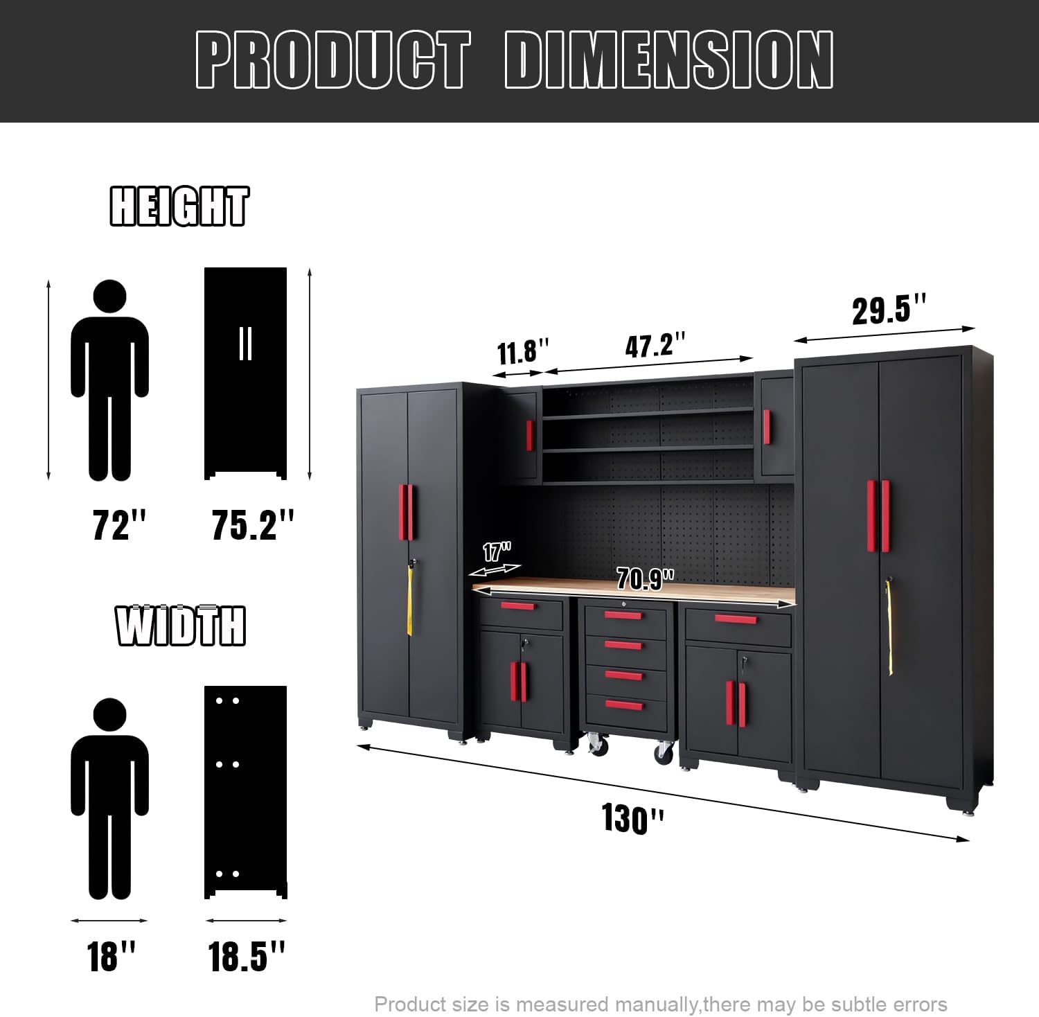 Garage Cabinet Storage System - 9-Piece Workshop Set w/Steel Cabinets & Workbench Includes Rolling Chest & Pegboard Heavy-Duty Black & Red Tool Organization for Garage/Workshop