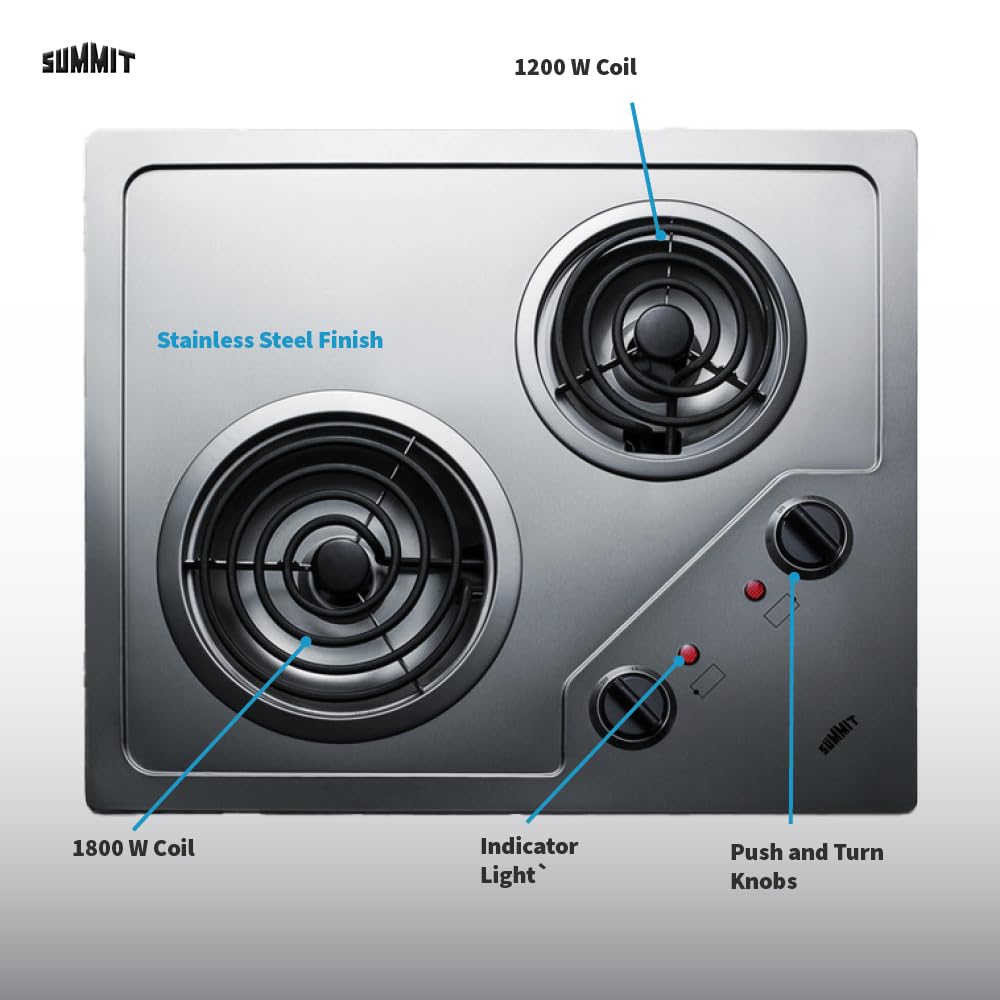 Summit 21' 2 Burner Electric Cooktop 230 Volt Coil Electric Cooktop, ADA compliant, Stainless Steel- CR2B224S