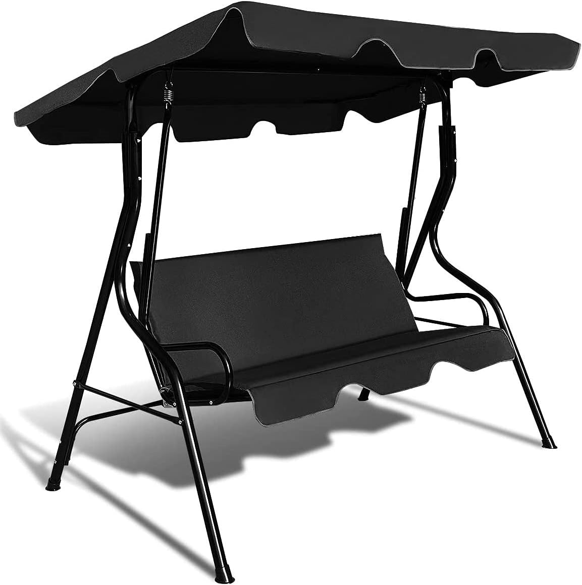3-Seater Canopy Swing Chair, Waterproof Outdoor Swing Cushioned Seat with Adjustable & Removable Canopy, Steel Frame Polyester Fabric Oxford Cloth Patio Hammock Cover Top (Black)
