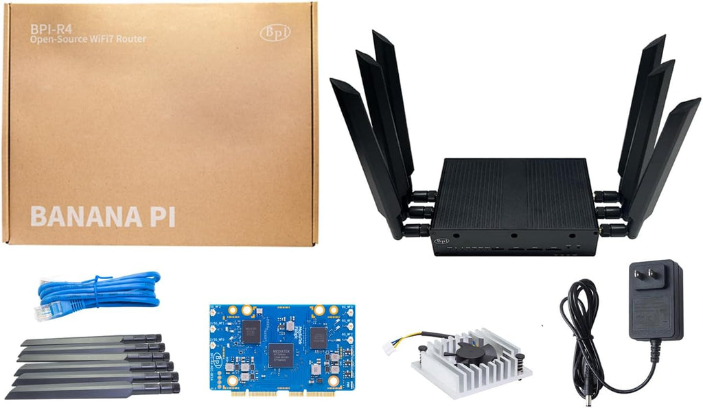 Banana Pi BPI-R4 WiFi 7 Wireless Tri-Band Router OpenWRT - DDR4 4GB/8GB RAM - MediaTek MT7988A SoC, 4G/5G Wireless Router Repeater, 2X 10GbE SFP 4X GbE for NAS Smart Home Gateway (Basic Kit, DDR4 4GB)