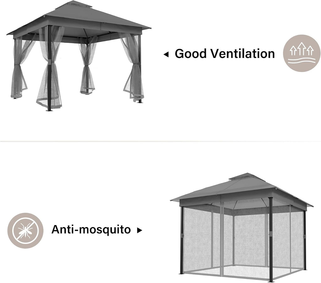 LAUSAINT HOME 10'x10' Waterproof Patio Gazebo with Mosquito Netting, Double Roof Outdoor Gazebo Pavilion Shelter for Backyard, Garden, Lawn, Wedding (Grey)