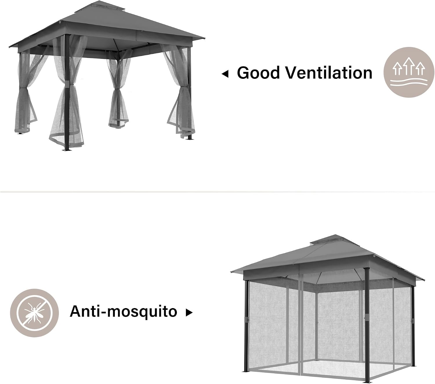LAUSAINT HOME 10'x10' Waterproof Patio Gazebo with Mosquito Netting, Double Roof Outdoor Gazebo Pavilion Shelter for Backyard, Garden, Lawn, Wedding (Grey)