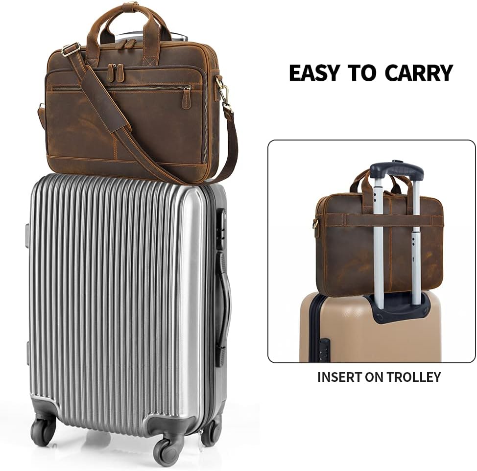 Jack&Chris Full Grain Leather Briefcase for Men, Business Messenger Bag Laptop Bag Attache Case, Fits 15.6 Inch Laptop