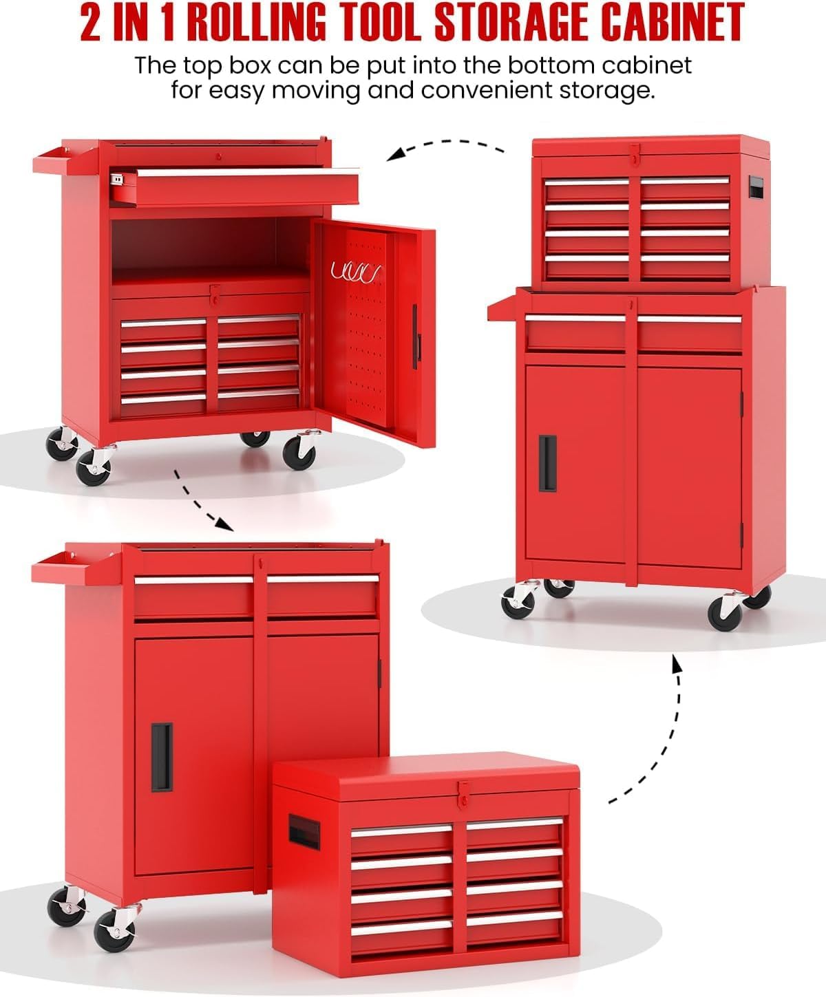 ARNOT 2-in-1 Rolling Tool Chest with 5 Drawers, Heavy-Duty Metal Tool Box with Wheels, Detachable Top Tool Box & Rolling Tool Cabinet for Garage, DIY (5-Drawers, Red)