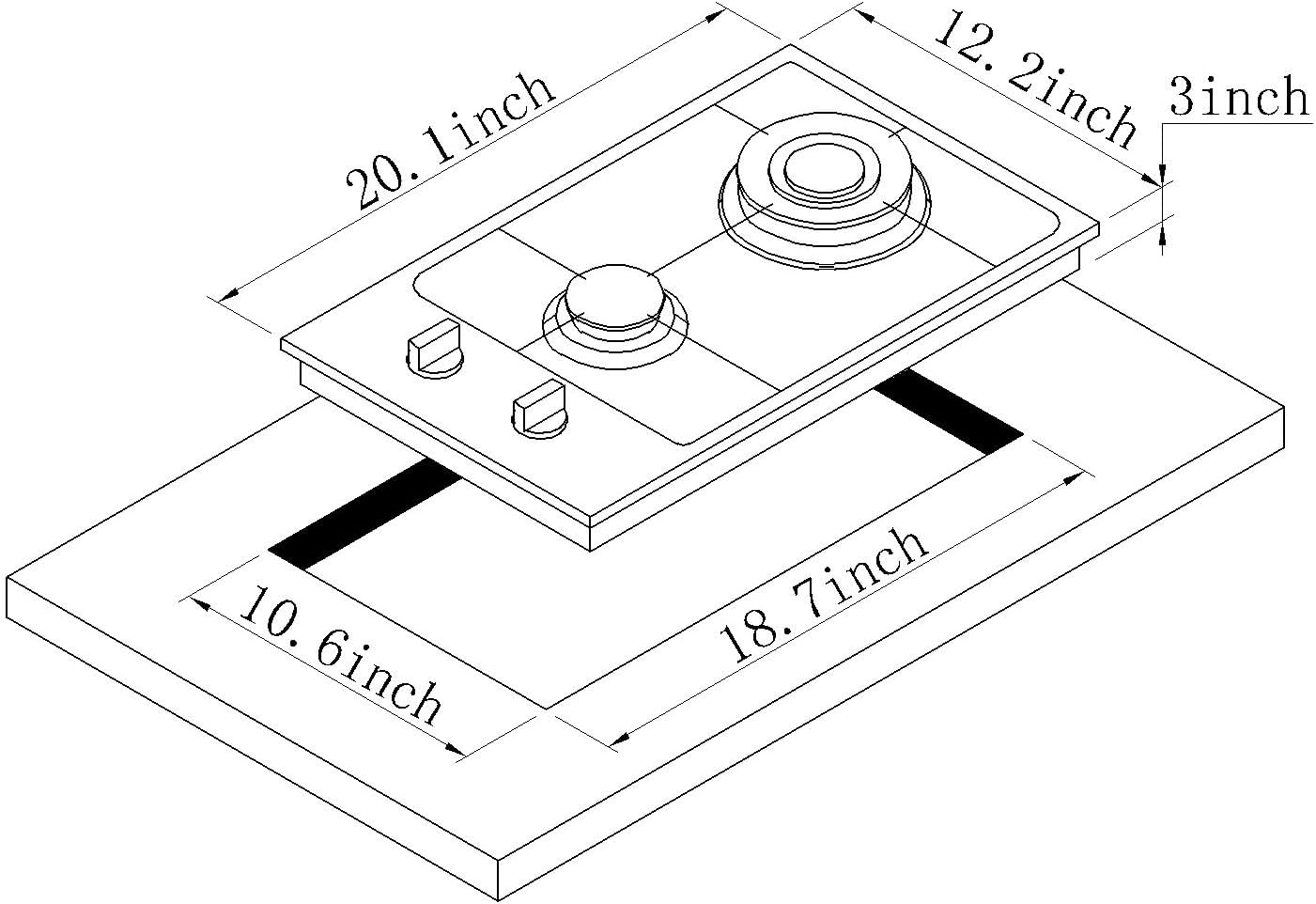 12 Inch Gas Cooktop, Built-in Tempered Glass 2 Burners Gas Stovetop LPG/NG Convertible Gas Stove Dual Fuel Gas Hob for RVs, Apartments, Outdoor DT2188A