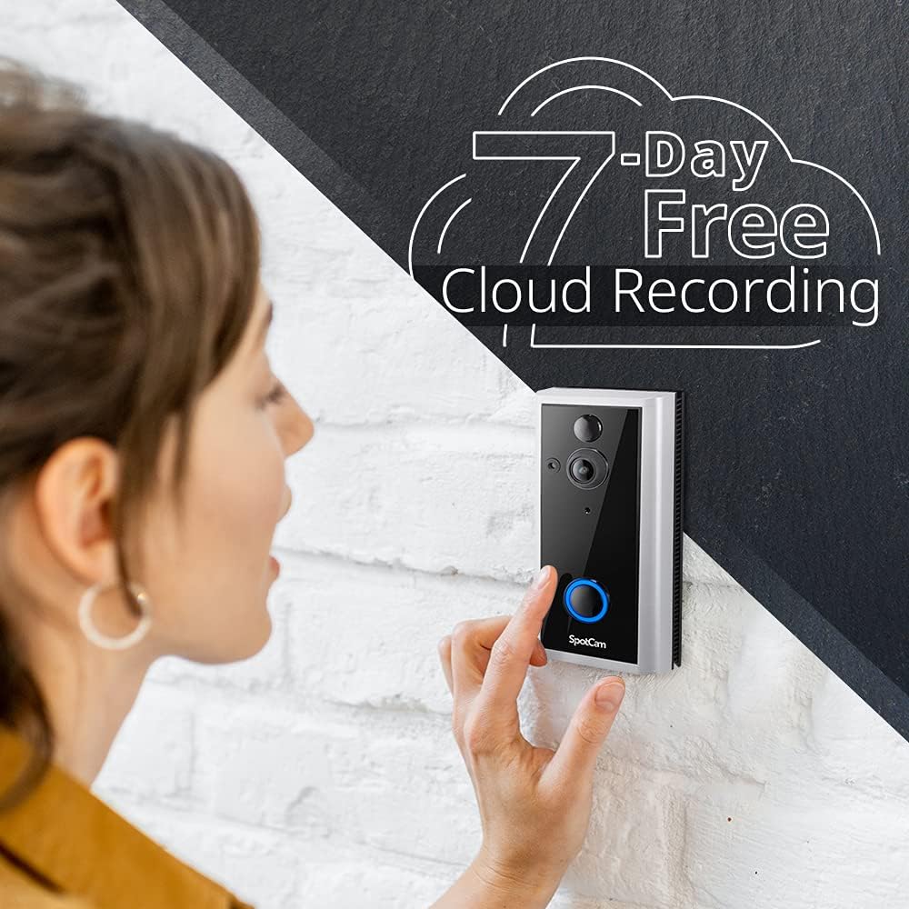 SpotCam Video Doorbell 2, Bluetooth and Wi-Fi Setup, Rechargeable Battery/AC/DC Powered, FHD 1080P, Two Way Audio, 180 Degree View Angle, Motion Detection, Digital Output,