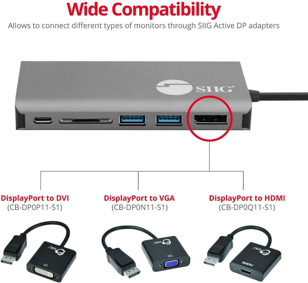 SIIG USB-C MST Hub with 4K@30Hz HDMI or DisplayPort, 1080p Dual Display, 100W Power Delivery Charging, 1 Gbps Ethernet, USB-C and 2X USB 3.1 Gen1 Type-A Data Ports, SD Card Slot (JU-DK0F11-S1)