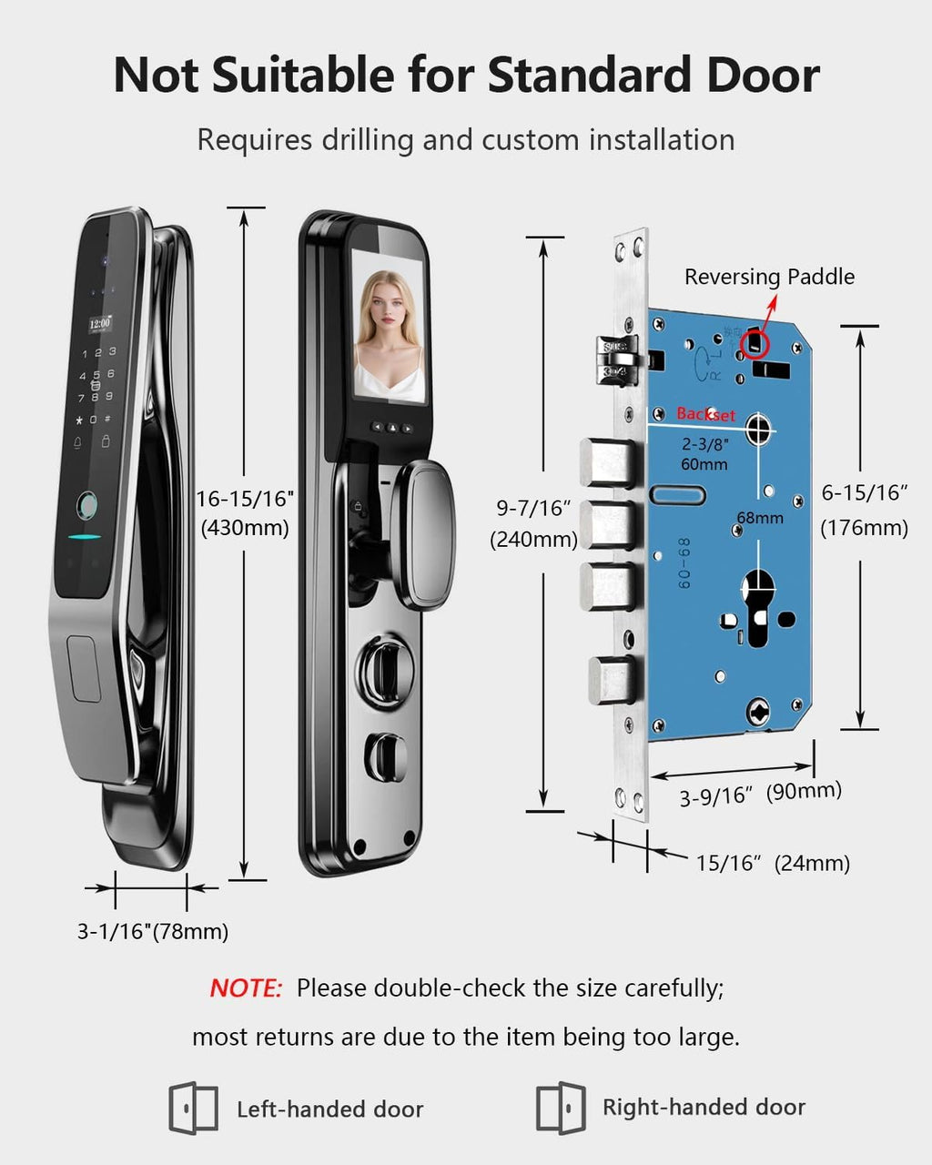 3D Face Recognition Smart Lock with Camera, Palm Vein Door Lock, Keyless Entry Fingerprint Smart Mortise Lock for Front Door, Built-in WiFi, 4' HD Screen,Glass Keypad, Auto-Lock, Waterproof