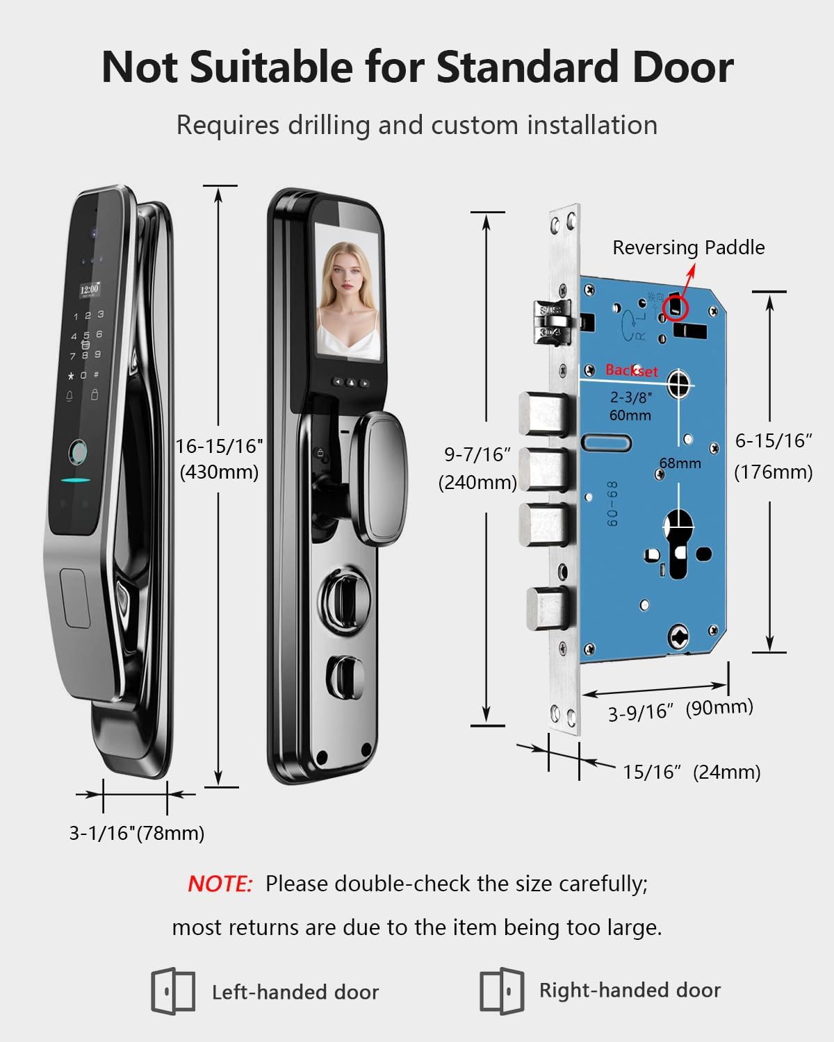 3D Face Recognition Smart Lock with Camera, Palm Vein Door Lock, Keyless Entry Fingerprint Smart Mortise Lock for Front Door, Built-in WiFi, 4' HD Screen,Glass Keypad, Auto-Lock, Waterproof