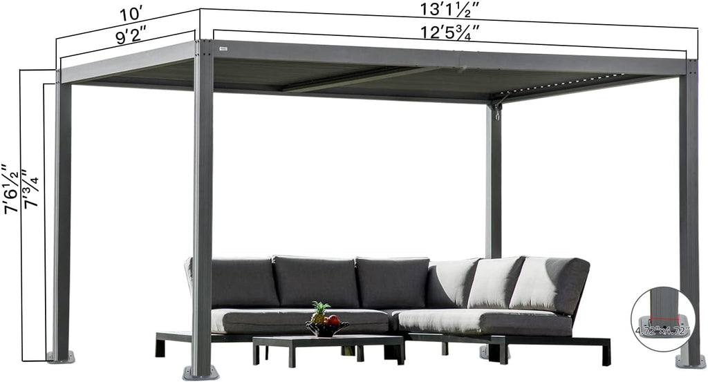 Domi Outdoor Pergola 10' × 13', Aluminium Louvered Pergola with Adjustable Roof, Curtains and Netting, Hardtop Gazebo for Patio, Deck, Garden, Yard, Beach(Gray)