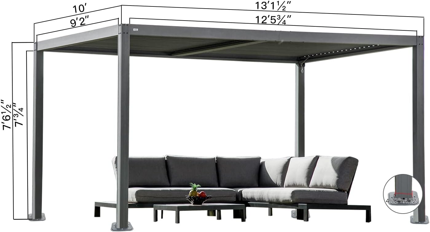 Domi Outdoor Pergola 10' × 13', Aluminium Louvered Pergola with Adjustable Roof, Curtains and Netting, Hardtop Gazebo for Patio, Deck, Garden, Yard, Beach(Gray)