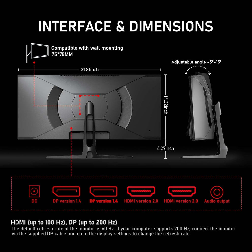 Gawfolk 34 Inch Ultrawide Curved 200Hz Gaming Computer Monitor,1500R PC Screen 21:9 UWQHD (3440x1440),120% sRGB,Adaptive Sync,Built-in Speaker,Display Port、HDMI,Compatible with Wall mounting -Black
