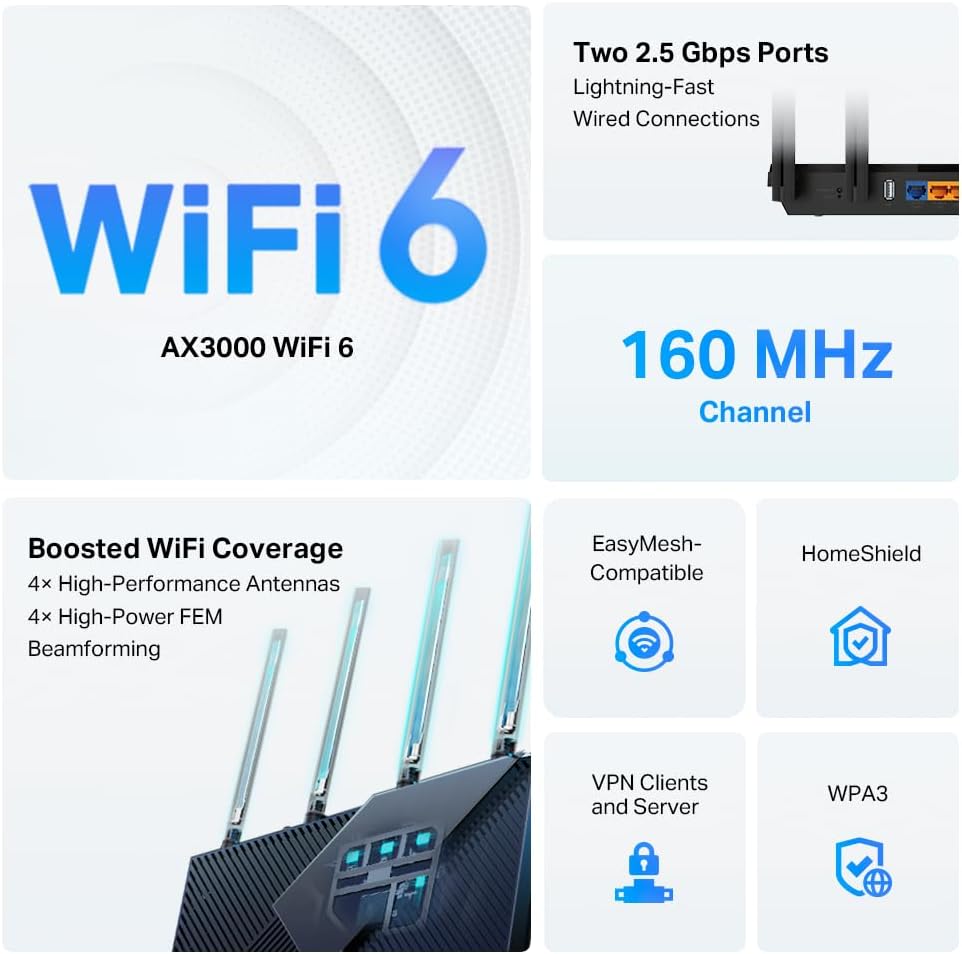 TP-Link AX3000 WiFi 6 Router (Archer AX55 Pro) - Multi Gigabit Wireless Internet,2 x 2.5 Gbps Ports,Dual Band,VPN Router,OFDMA,MU-MIMO,USB 3.0 Port,WPA3,Compatible with Alexa,(Pack of 10)